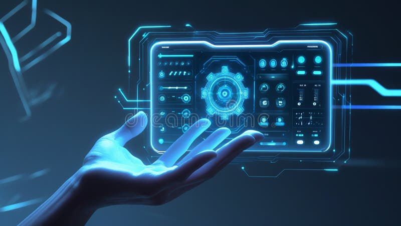 Futuristic User Interface with Holographic Touchscreen in Hand royalty free stock photos