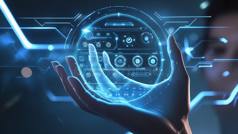 Futuristic User Interface with Holographic Touchscreen in Hand. Advanced Technology Concept: Hand Interacting with Virtual UI generated using AI