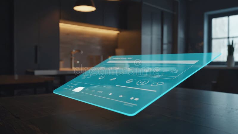 Futuristic user interface screen floats in modern kitchen, displaying icons and data with a holographic glow royalty free stock photography