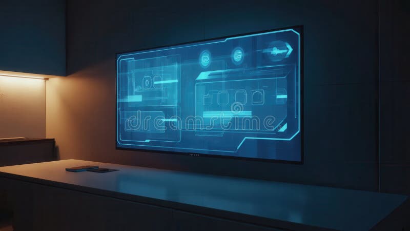 Futuristic user interface screen floats in modern kitchen, displaying icons and data with a holographic glow royalty free stock photo