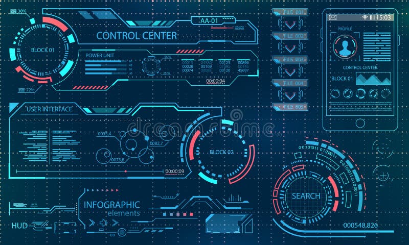 Futuristic User Interface. Virtual Graphic Touch UI for VR. HUD Infographic Elements for Motion Design stock illustration