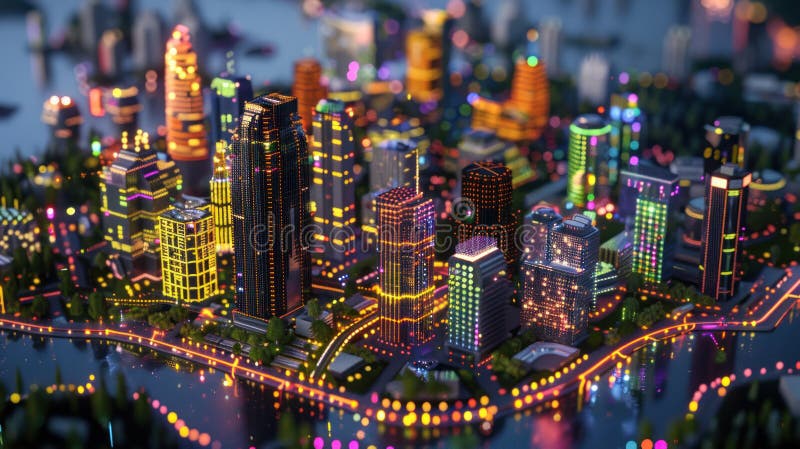 Futuristic View of Dynamic Wireless and Fiber Optic Networks Illuminating G Technology in Urban Environment with Digital royalty free illustration