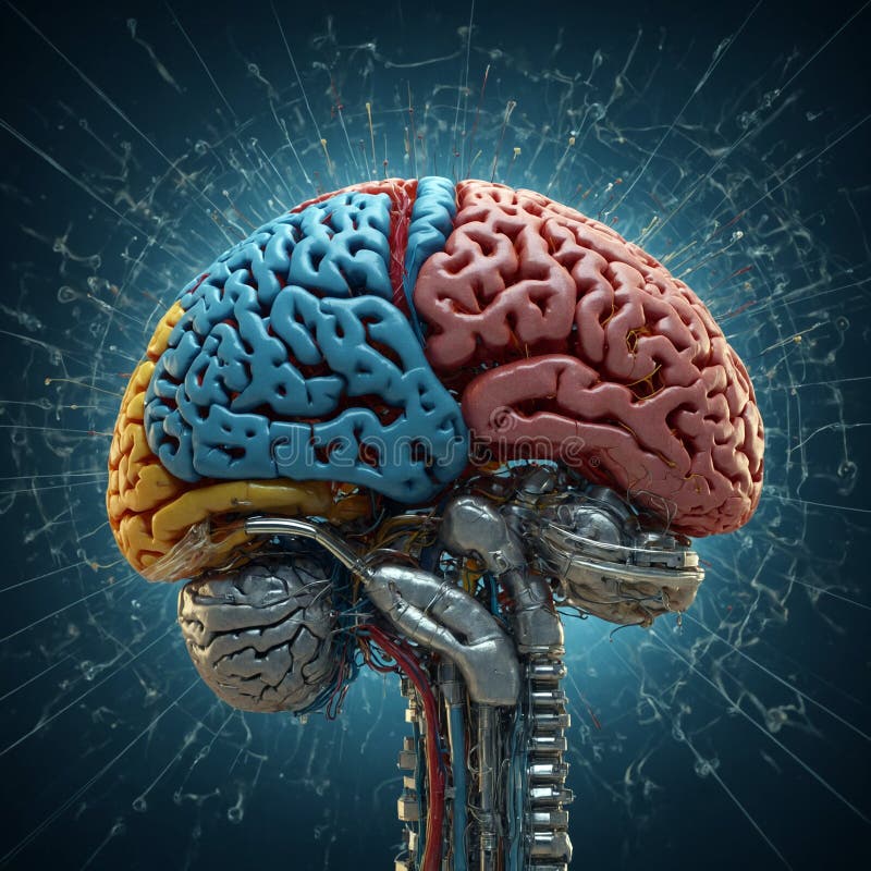 Futuristic view of Human Brain connected to technology royalty free illustration