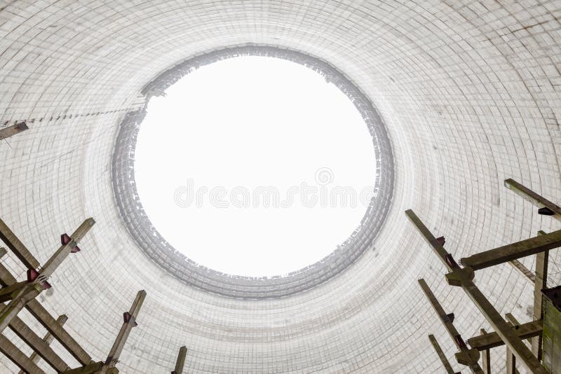 Futuristic view inside of cooling tower of unfinished Chernobyl nuclear power plant