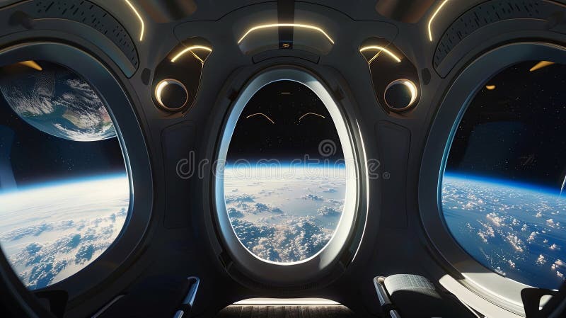 A futuristic view from a spaceship window overlooking Earth, blending modern technology stock illustration