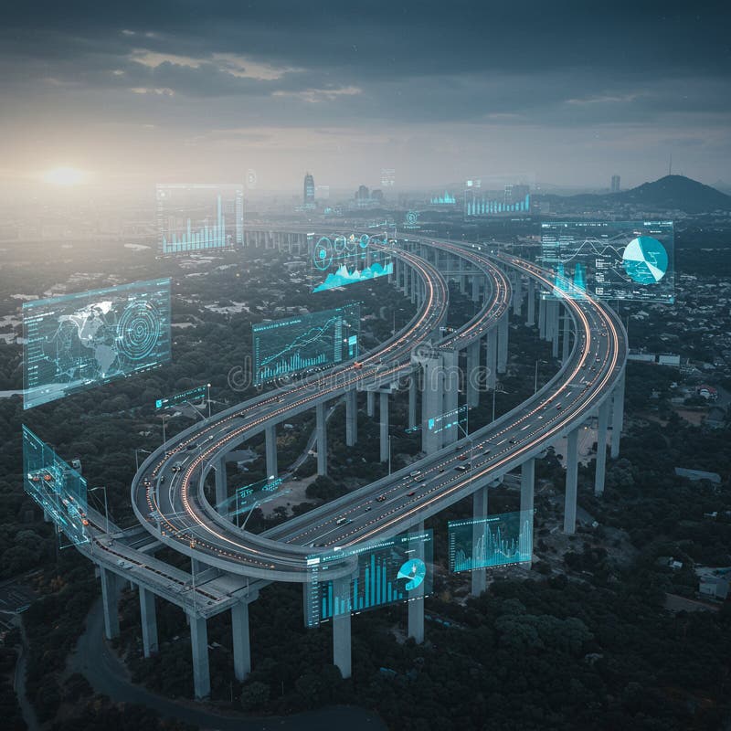 A futuristic view of a sprawling elevated highway system with multiple lanes and stock illustration