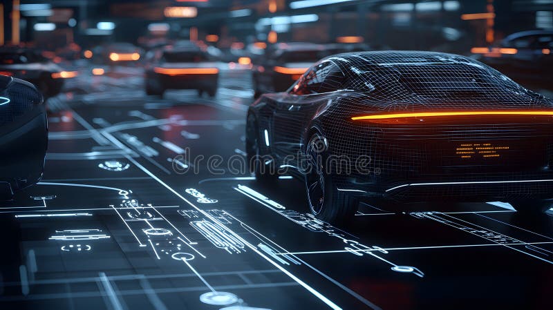 Futuristic Virtual Simulation with Glowing Transpired Cars in a High-Tech Environment stock illustration