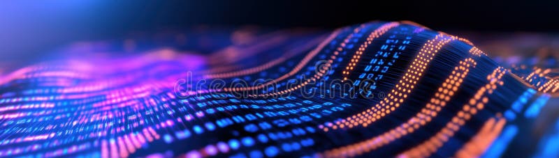 Futuristic visualization of data waves with glowing binary code patterns stock illustration