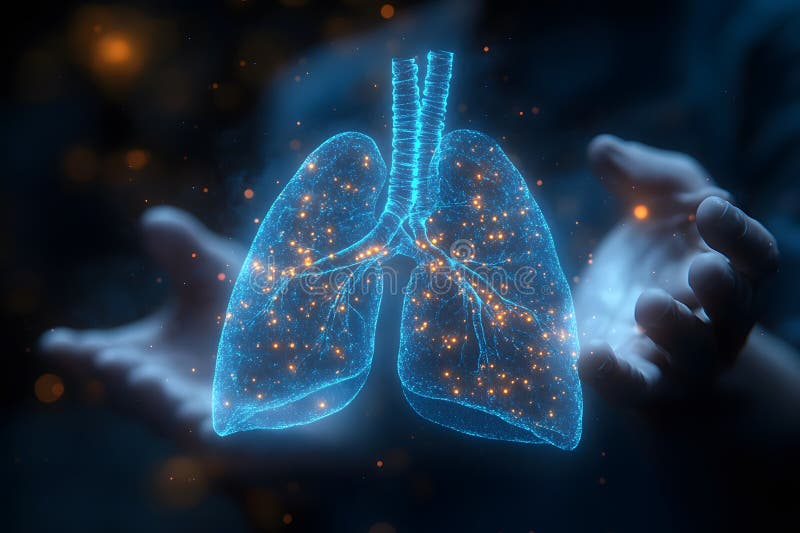 Futuristic Visualization of a Digital Lung Hologram in a Healthcare Innovation Setting Generative AI royalty free illustration