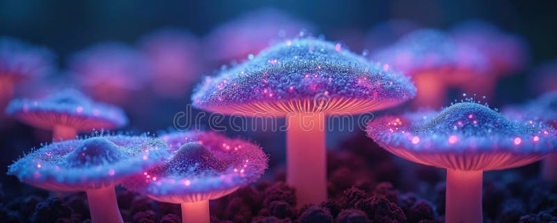 Futuristic visualization of fungal communication networks with data streams, glowing mycelium. Mushroom colony insight into royalty free illustration