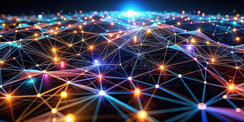 A Futuristic Visualization of a Global Data Network Abstract 3D Polygonal Shapes Intertwined in a Dark Glowing Digital stock illustration