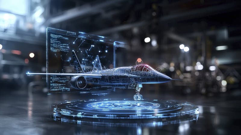 Innovative digital display of advanced military aircraft technology aerospace facility 3d visualization high-tech environment royalty free illustration