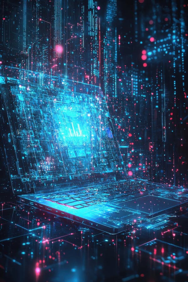 Futuristic visualization of an open laptop amidst virtual neon data streams. A digital illustration depicting a glowing laptop in a virtual environment with neon light streams and data graphics. The scene evokes themes of technology, innovation, and the digital world, showcasing a futuristic and modern ambiance. Perfect for concepts about computing, networking, and advanced digital systems. AI generated