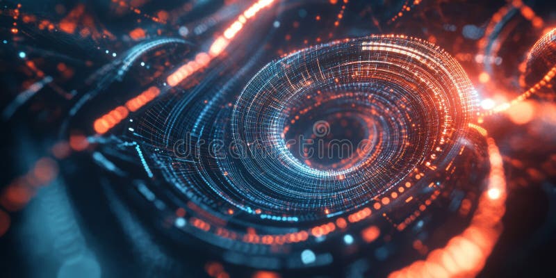 A futuristic visualization of quantum computing, featuring glowing cybernetic data streams, swirling stock photography