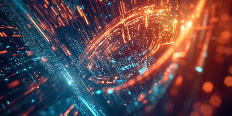 A futuristic visualization of quantum computing, featuring glowing cybernetic data streams, swirling royalty free stock photos