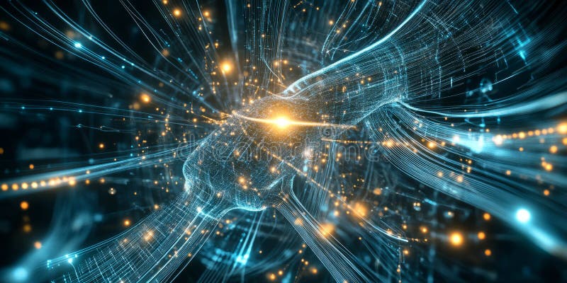 A futuristic visualization of quantum computing, featuring glowing cybernetic data streams, swirling stock photo
