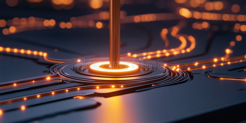Futuristic visualization of quantum computing with glowing circuits stock illustration