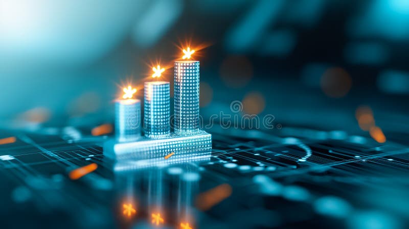 A futuristic visualization shows three ascending bar charts on a digital grid, representing data growth and trends royalty free stock photos