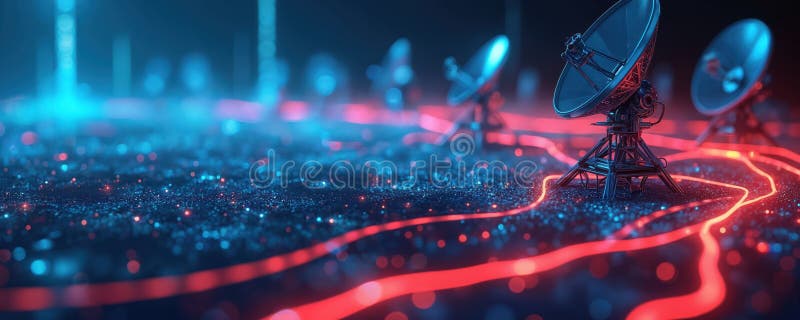 Futuristic visualization spectrum allocation wireless tech. Satellite dishes, glowing network paths, signals transmit. Abstract, dynamic concept digital data, communication, information. AI generated