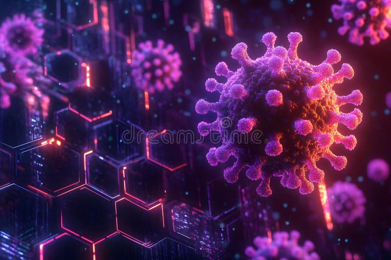 Futuristic Visualization of Virus Structure in Hexagonal Digital Space Generative AI. A vivid digital representation of a virus set amidst a glowing hexagonal matrix, the intersection of science and technology. the futuristic setting emphasizes medical research and molecular biology themes. Generative AI