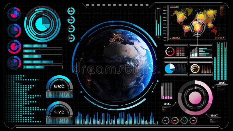 Futuristic VR head-up display design with orbital global network 3D rendering graphic. HUD element containing circle abstract and big data analytic presented in digital GUI technology.