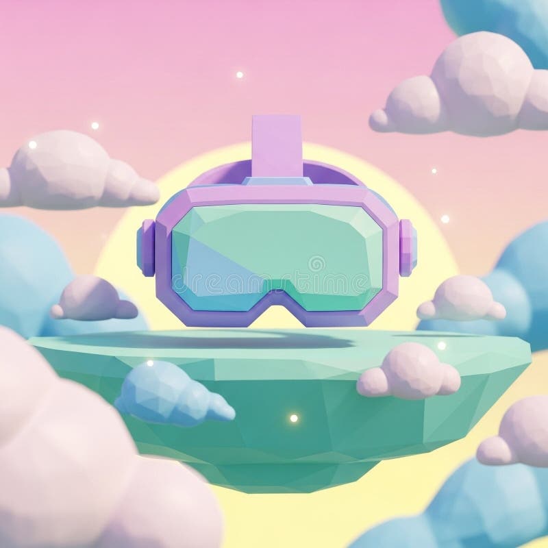 Futuristic VR Headset Floating on a Serene Cloud Platform stock illustration