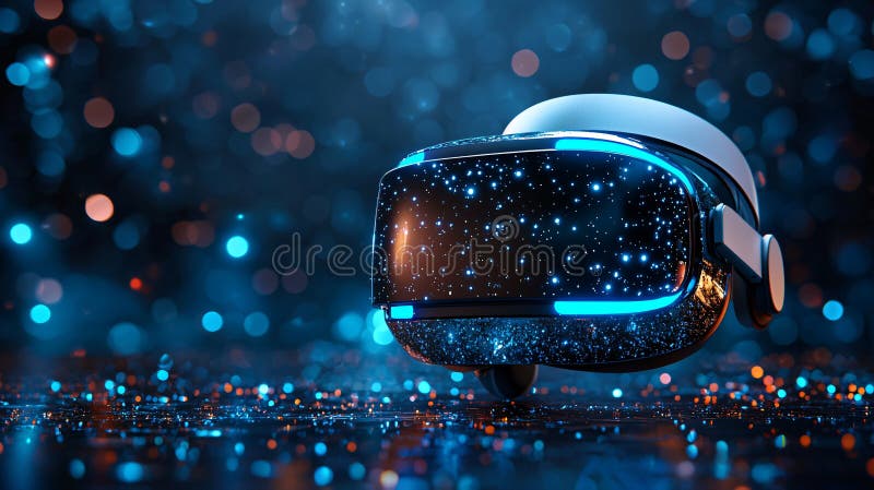 Futuristic VR Headset Glowing with Blue Lights on Sparkling Surface royalty free illustration.