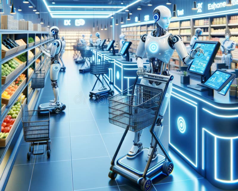 Futuristic Walmart Superstore Global Grocery Supply Chain Robotic Sorting Shopping Delivery Store Management vector illustration.