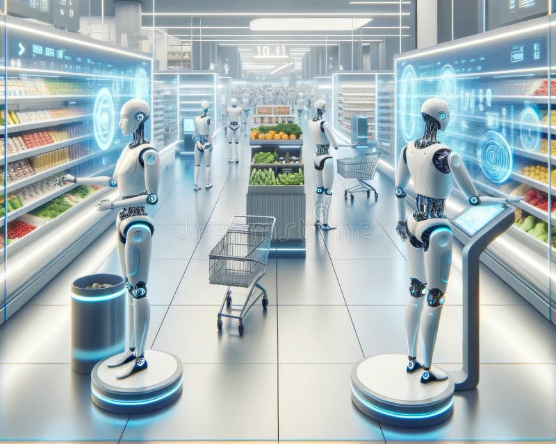 Futuristic Walmart Superstore Global Grocery Supply Chain Robotic Sorting Shopping Delivery Store Management vector illustration.