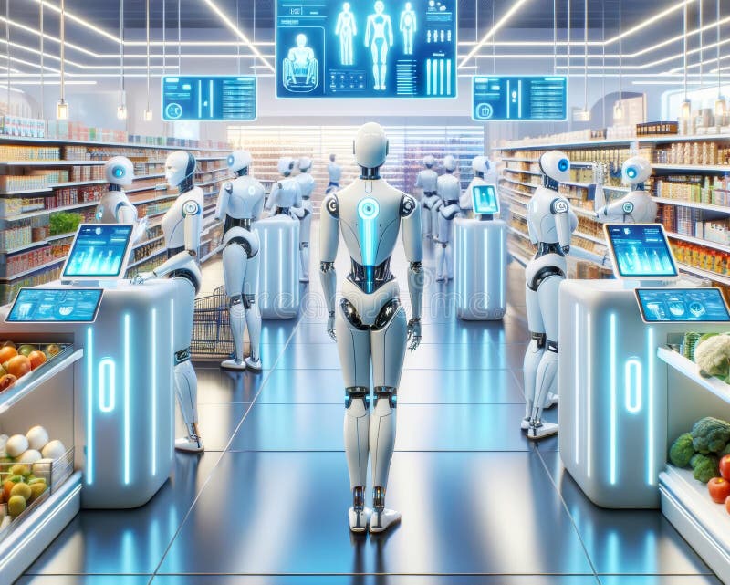 Futuristic Walmart Superstore Global Grocery Supply Chain Robotic Sorting Shopping Delivery Store Management stock illustration.