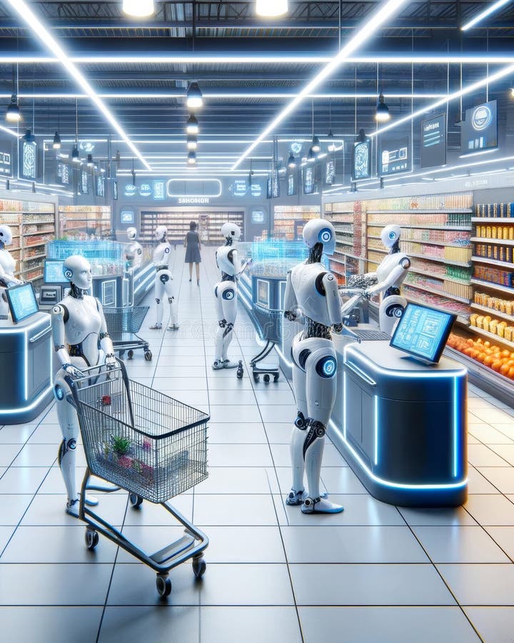 Futuristic Walmart Superstore Global Grocery Supply Chain Robotic Sorting Shopping Delivery Store Management vector illustration.