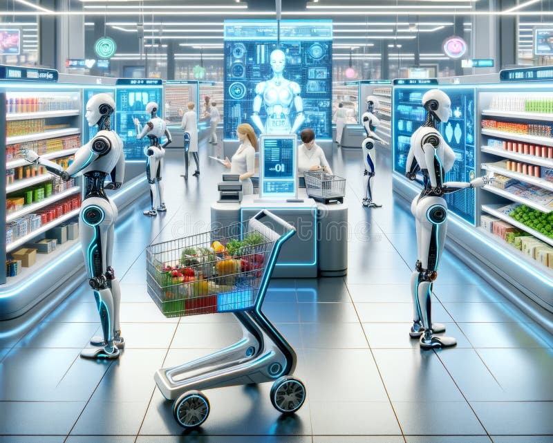 Futuristic Walmart Superstore Global Grocery Supply Chain Robotic Sorting Shopping Delivery Store Management stock illustration.