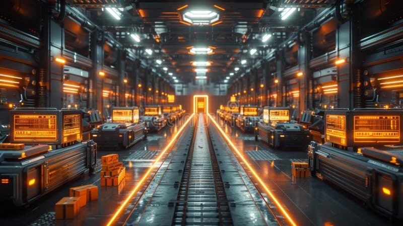Futuristic warehouse with advanced robotics and ai integration - generative ai royalty free illustration