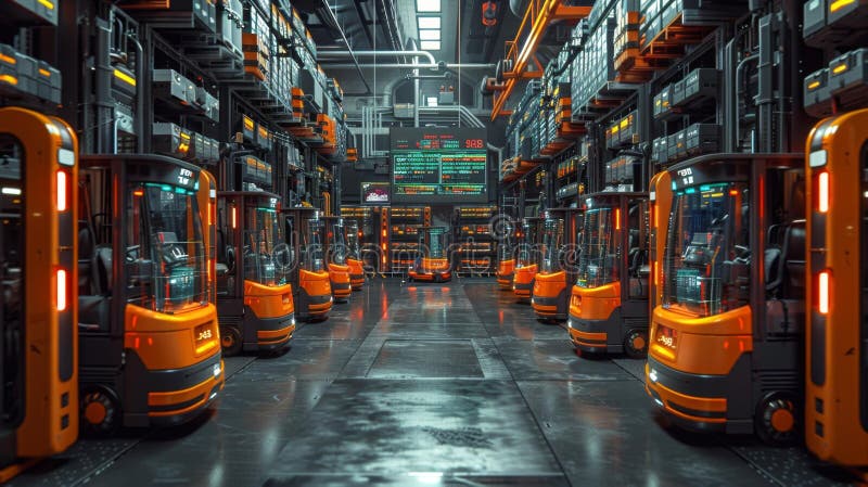 Futuristic warehouse with autonomous robots - generative ai royalty free illustration