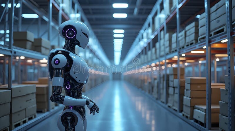 A futuristic warehouse with autonomous robots sorting packages, image vector illustration.