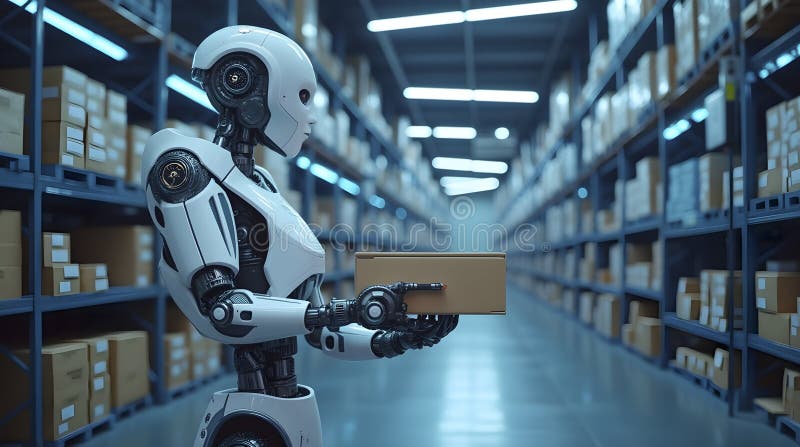 A futuristic warehouse with autonomous robots sorting packages, image stock illustration.