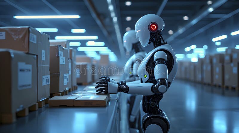 A futuristic warehouse with autonomous robots sorting packages, image royalty free illustration.
