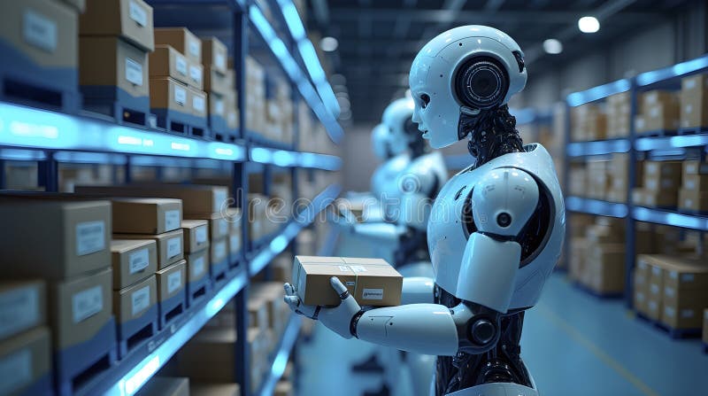 A futuristic warehouse with autonomous robots sorting packages, image vector illustration.