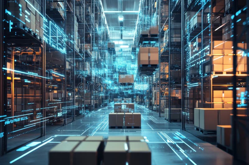 Futuristic Warehouse with Floating Shelves and Data Streams ...