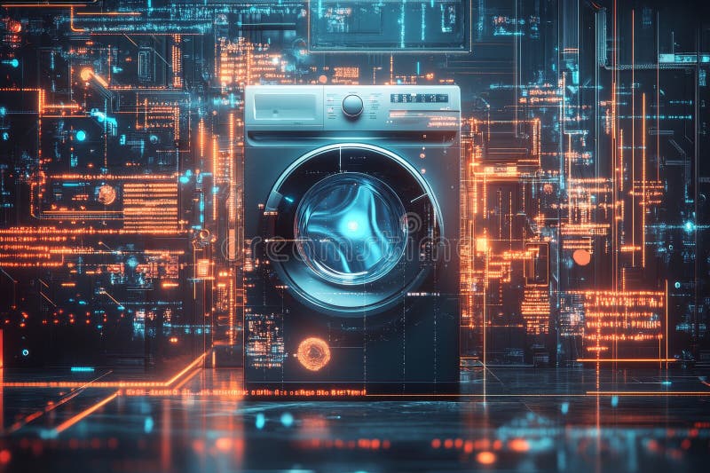 Futuristic washing machine amidst glowing digital patterns and holographic laundry imagery vector illustration