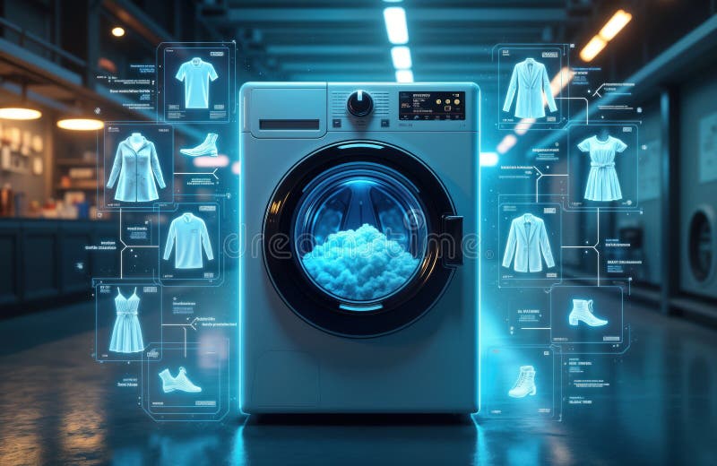 Futuristic washing machine displays holographic laundry items in digital scene. Advanced tech shows clothes, shoes available for royalty free illustration