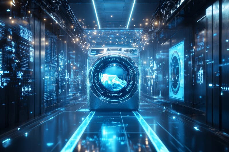 Futuristic washing machine with holographic laundry imagery in a dynamic cyberpunk setting stock illustration