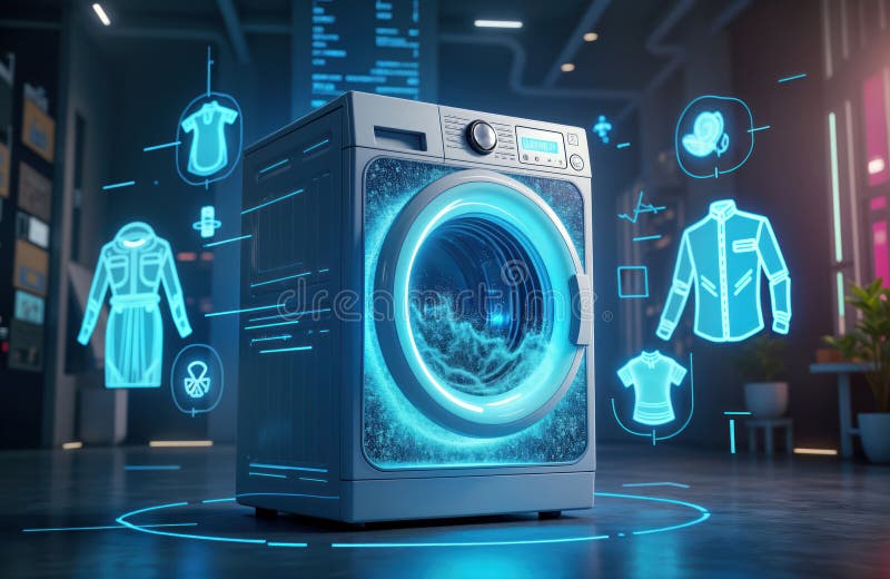 Futuristic washing machine with holographic laundry images. Advanced tech appliance with glowing blue neon light. Digital laundry stock illustration