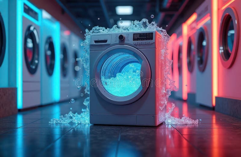 Futuristic washing machine with holographic laundry images. Water splashes surround modern appliance in digital cyberpunk scene. stock illustration