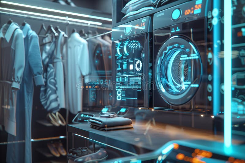 Futuristic washing machine in laundry room with high technology appliances and holographic displaying controls digital royalty free illustration
