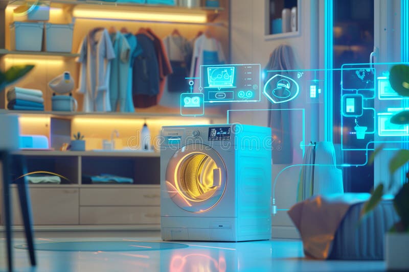 Futuristic washing machine in laundry room with high technology appliances and holographic displaying controls royalty free illustration
