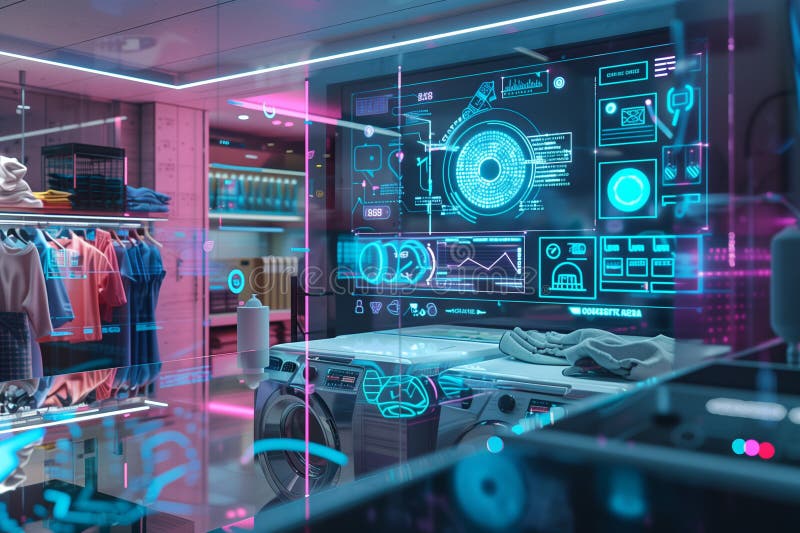Futuristic washing machine in laundry room with high technology appliances and holographic displaying stock illustration
