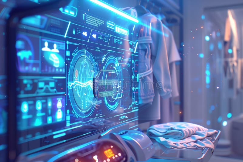 Futuristic washing machine in laundry room with and holographic displaying controls digital high technology appliances vector illustration