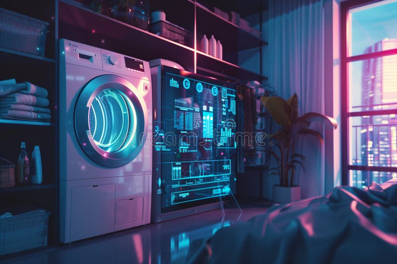 Futuristic washing machine in laundry room with and holographic displaying controls digital high technology stock illustration