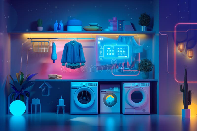 Futuristic washing machine in laundry room with and holographic displaying controls digital high vector illustration